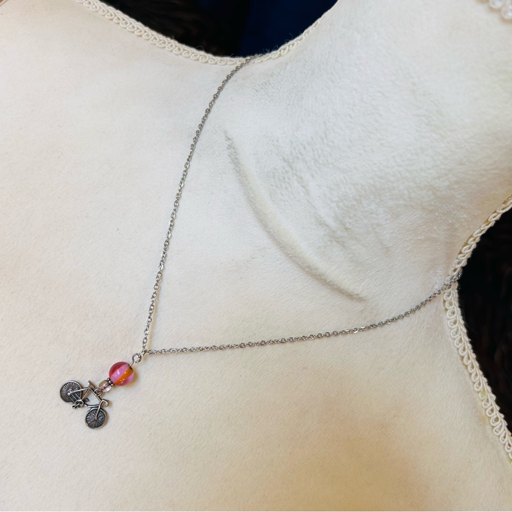 Handcrafted vintage beaded bicycle charm pendant on chain necklace